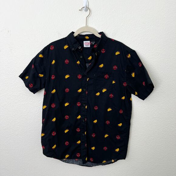 [Marvel] Deadpool Tacos Black Short Sleeve Button Down Shirt Size Small S - Picture 2 of 10